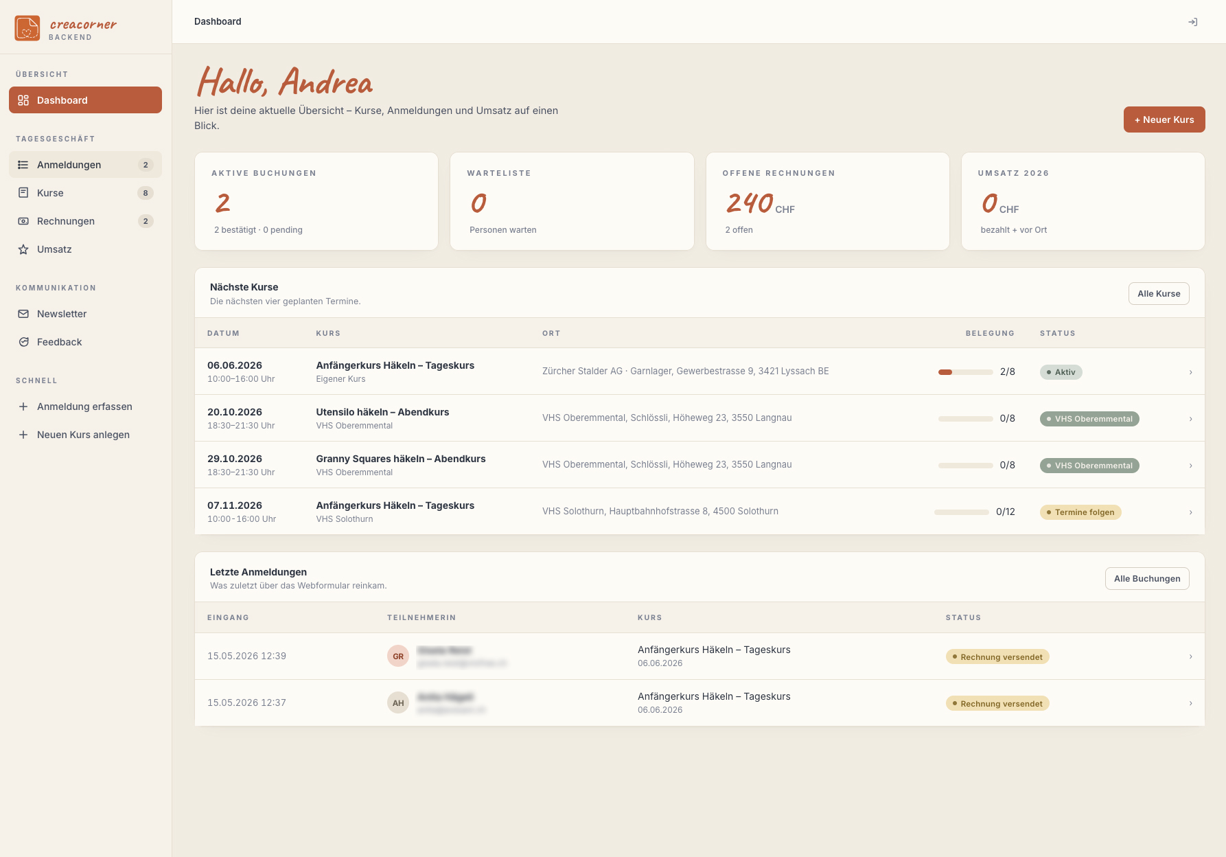 creacorner – Backend für Kursadministration